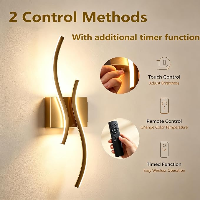 Battery Operated USB Rechargeable Wall Sconce, Gold Dimmable LED | Wireless Wall Light with Remote Control, 10000mAh, 3000K-6000K, Minimalist, For Bedroom Hallway Background Staircase, 1 Pack