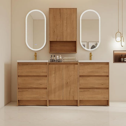 72" Bathroom Vanity Set, 72 Inch Modern Freestanding Vanity with 6 Drawers and 2 Storage Cabinets, Double Resin Sink Floor Stand Cabinet Set Imitative Oak