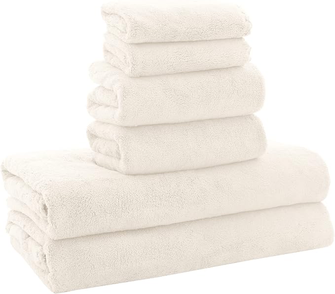MOONQUEEN Ultra Soft Towel Set-Quick Drying - 2 Bath Towels 2 Hand Towels 2 Washcloths-Microfiber Coral Velvet Highly Absorbent Towel for Bath Fitness,Bathroom,Sports,Yoga, Travel(Cream, 6 Pcs)