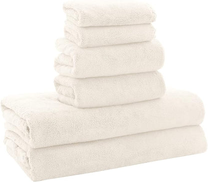 MOONQUEEN Ultra Soft Towel Set-Quick Drying - 2 Bath Towels 2 Hand Towels 2 Washcloths-Microfiber Coral Velvet Highly Absorbent Towel for Bath Fitness,Bathroom,Sports,Yoga, Travel(Cream, 6 Pcs)