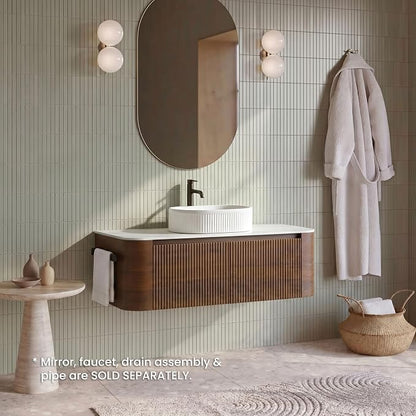 48" Preassembled Floating Bathroom Vanity with White Sink, Walnut | Mid-Century Modern Style, Fluted & Soft-Close Drawer with U-shaped Wall, Sinterted Stone Countertop, Towel Rack Included
