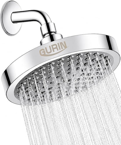 GURIN Shower Head - Premium Polished Chrome Finish - Rain Showerhead 6 Inch | High Pressure Shower Heads with Adjustable Angles, 90 Anti-Clog Nozzles, Tool-Free 1-Min Install