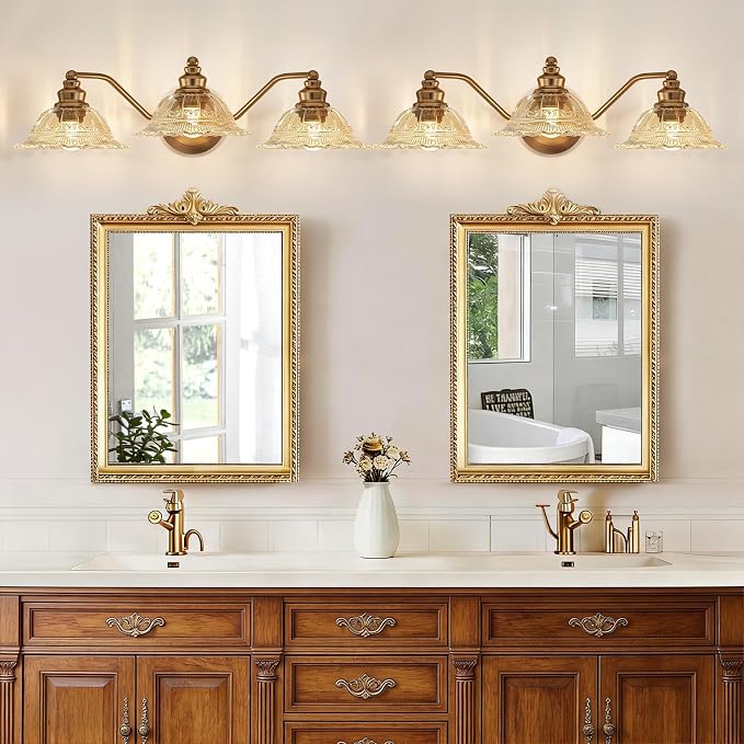 Redluck Vintage Bathroom Vanity Light Fixture, 3-Light Bathroom Lighting Fixtures Over Mirror, Antique Brass Finish with Amber Crystal Glass Shade, Wall Sconces Lighting for Bedroom, Living Room