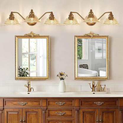 Redluck Vintage Bathroom Vanity Light Fixture, 3-Light Bathroom Lighting Fixtures Over Mirror, Antique Brass Finish with Amber Crystal Glass Shade, Wall Sconces Lighting for Bedroom, Living Room