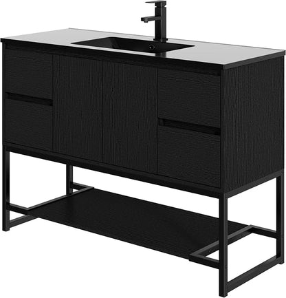 LUCKWIND 48" Modern Bathroom Vanity with Single Black Sink Combo, Freestanding Storage Cabinet with Metal Frame, Water-Saving Faucet and Open Shelf and 2 Soft-Closing Door, Black