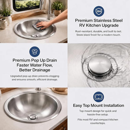 LQS Small RV Sink, 13.39 x 10.63 Inch Stainless Steel RV Bathroom Sink | Oval Small Sink for RV Bathrooms, Camper Kitchens and Bars, 5.12-Inch Depth with Stainless Steel Drain Assembly Included