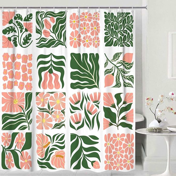 JAWO Retro Floral Shower Curtain Cute Vintage Boho Shower Curtains for Bathroom Decor Pink Green Botanical Geometric Groovy Aesthetic Abstract Flowers Pattern Shower Curtain Sets with Hooks, 60X70IN