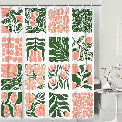 JAWO Retro Floral Shower Curtain Cute Vintage Boho Shower Curtains for Bathroom Decor Pink Green Botanical Geometric Groovy Aesthetic Abstract Flowers Pattern Shower Curtain Sets with Hooks, 60X70IN