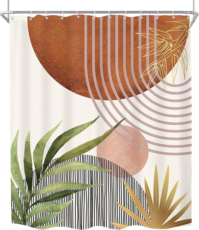 Mid Century Green Boho Abstract Modern Brown Bathroom Shower Curtain Set | 60Wx72L Plant Botanical design, waterproof HD print with fast-drying fabric and 12 hooks.