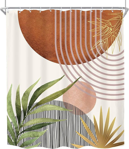 Mid Century Green Boho Abstract Modern Brown Bathroom Shower Curtain Set | 60Wx72L Plant Botanical design, waterproof HD print with fast-drying fabric and 12 hooks.