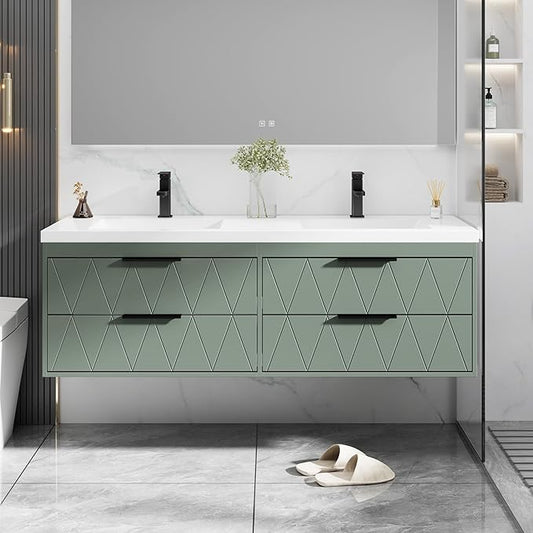 eclife 60" Bathroom Vanities Cabinet with Sink Combo, Wall Mounted Floating Cabinet W/Decor Line, Soft-Close System, 4 Extra Big Drawers, Matte Black Faucet, Gray Green