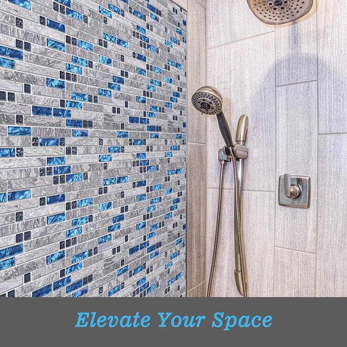 Art3d Grout Decorative Tile, Blue/Gray, Glass, for Kitchen Backsplash or Bathroom Backsplash (5 Pack)