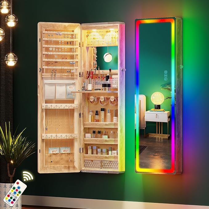 HNEBC Full Length Mirror with Storage, Wall Mounted Jewelry Cabinet with RGB Lights & Remote, Lockable Over Door Jewelry Organizer with Drawer, Foldout Makeup Tray 47.2" Hx14.5 Wx3.9 D, Natural