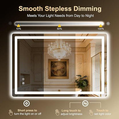 LED Bathroom Mirror, 45"x30" Bathroom Vanity Mirror with Lights | Smart Anti-Fog, Dimmable, 3 Color Modes, Backlit+Front Lit, Memory Function, HD Tempered Glass,Horizontal/Vertical,ETL Listed