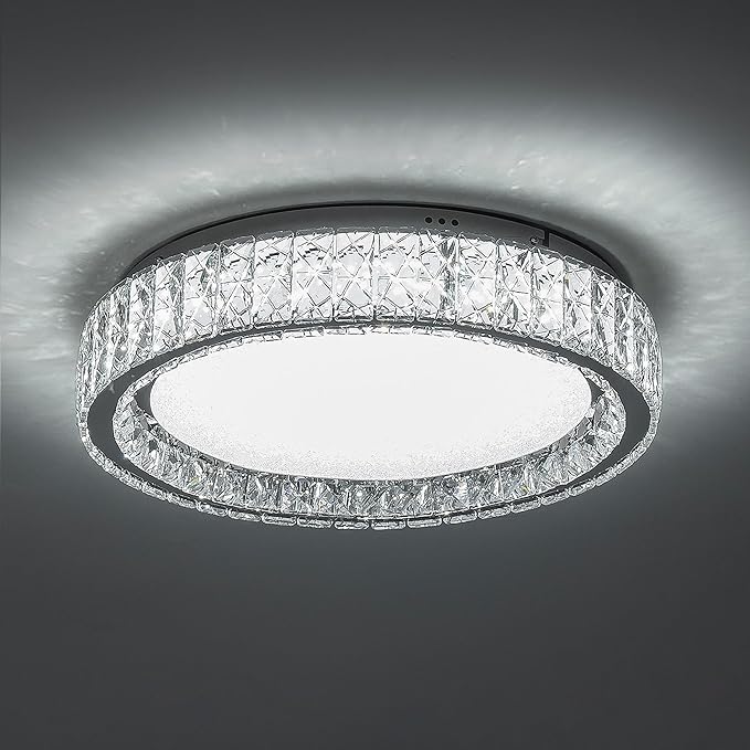 LamQee Crystal Flush Mount Ceiling Light Fixture, Dimmable LED Modern Close to Ceiling Light, Hallway Light Fixtures Round Ceiling Chandelier for Bedroom Kitchen Bathroom Closet Dining Room 13.78 inch