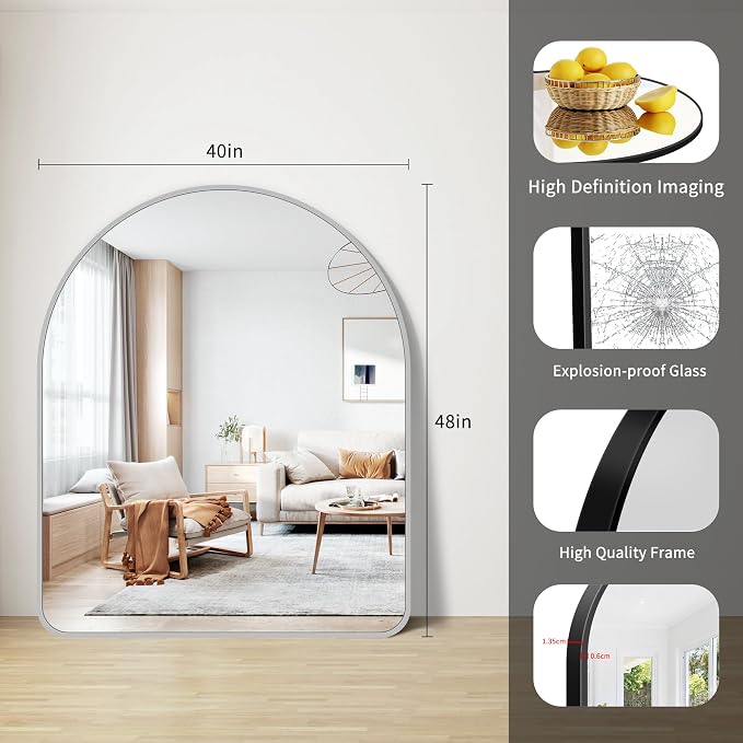 FORBATH Large Arched Wall Mirror 40x48 Inch, Silver Arch Bathroom Mirror with Aluminum Frame, Arched Mirror for Dresser, Fireplace,Entryway,Home Decor,Hanging or Leaning Against Wall