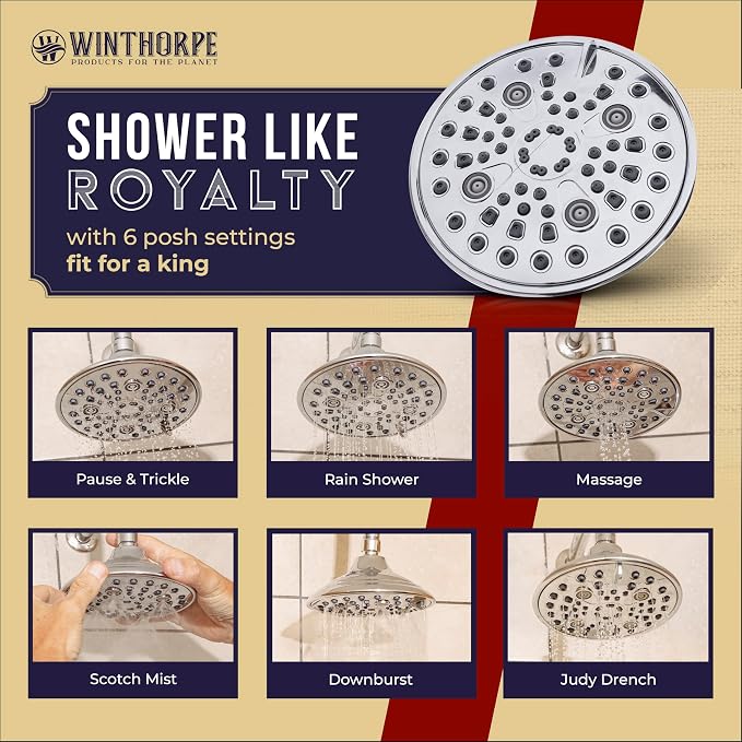 6-Inch Chrome Shower Head with 6 Settings, High Pressure Showerhead for Low Flow, Enjoy a Relaxing High Pressure Shower, Perfect Replacement for Any Bathroom - Winthorpe Scotch Mist