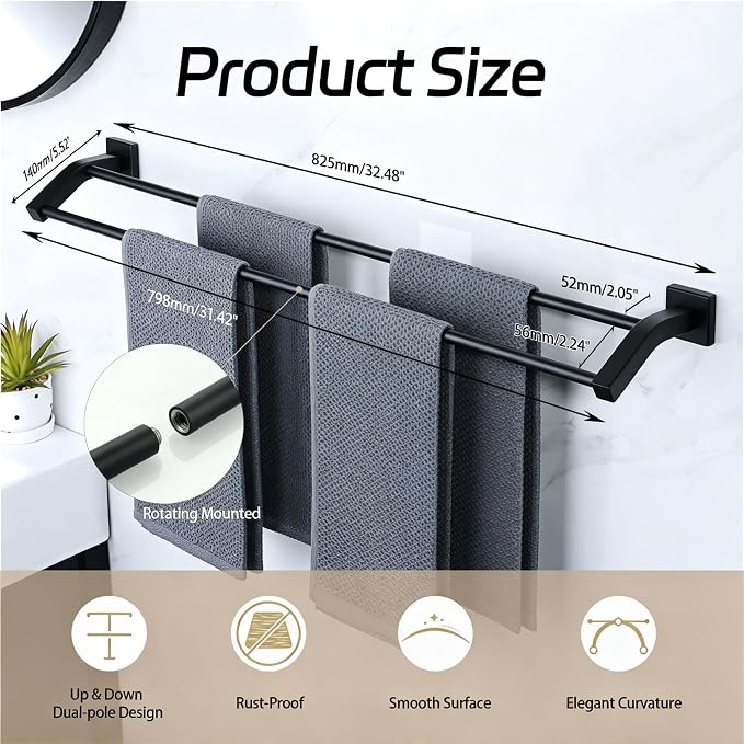Alise Double Towel Bar,32" Towel Rack for Bathroom Wall Mounted,Matte Black | SUS304 Stainless Steel Bathroom Towel Holder, Quick Drying Towel Hanger Towel Rod, Useable Length 30.8"