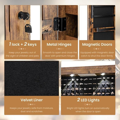 NAFORT 2 LEDs Full Length Mirror with Jewelry Armoire, Jewelry Organizers and Storage with 2 Mounting Options, 47.5”H Jewelry Cabinet with 2 Drawers, Make up & Lockable Jewelry Box, Rustic Brown