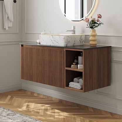 36" Modern Floating Bathroom Vanity with Single Sink - Wall Mounted Storage Bathroom Cabinet with Black Sintered Stone Countertop| Large Storage Space & Open Shelves, Dark Wood