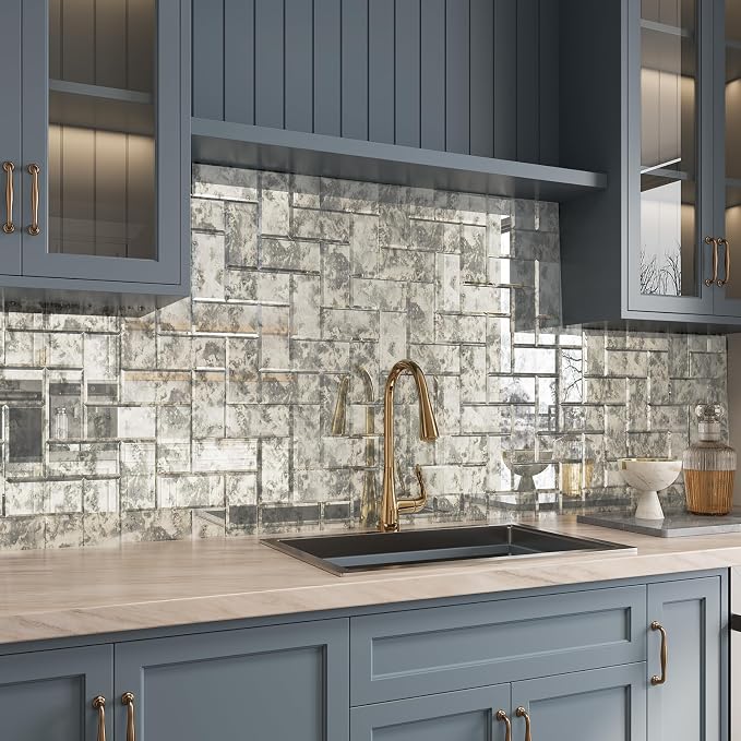 Peel and Stick Beveled Sliver Antique Mirror Tile Subway Mirror Glass Backsplash 3x6 Inch for Kitchen Bathroom Wall