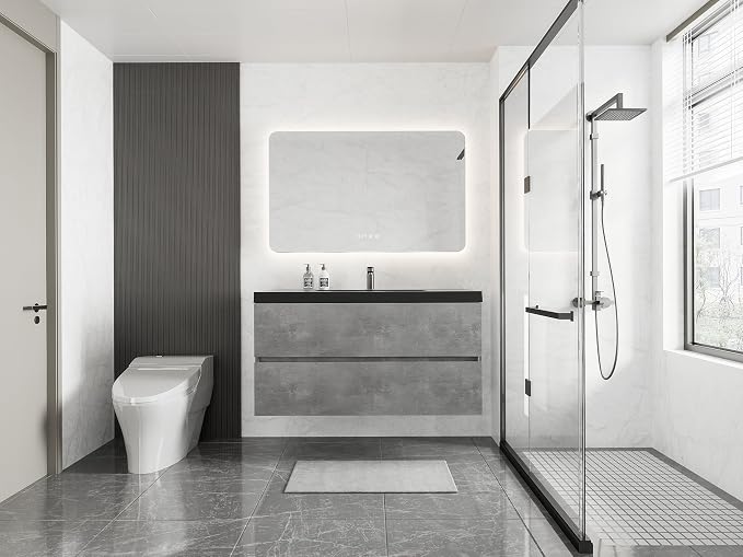 42 Inch Floating Bathroom Vanity with Sink, Modern Grey Wall Mounted Floating Vanity with Scratch-Resistant Quartz Sand Basin and Soft Closing Drawers, Pre Assembled Bathroom Vanity