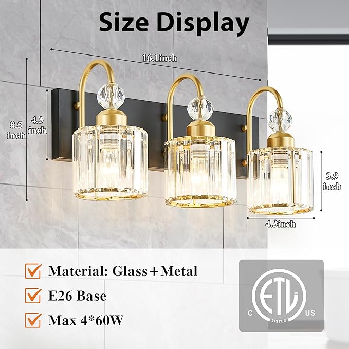 Bathroom Vanity Light Fixtures Over Mirror, Makeup Lighting for Modern Wall, Bath, Desk, Farmhouse, Hallway, 3 Crystal Lights, Black Gold