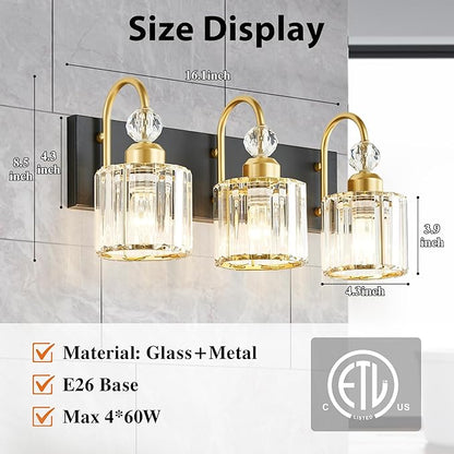 Bathroom Vanity Light Fixtures Over Mirror, Makeup Lighting for Modern Wall, Bath, Desk, Farmhouse, Hallway, 3 Crystal Lights, Black Gold