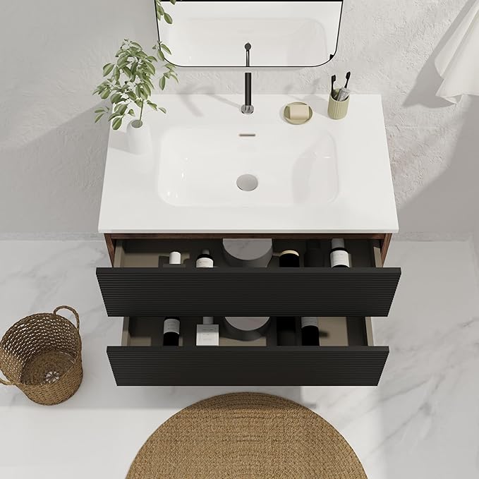 30'' Floating Bathroom Vanity with Sink Combo, Modern Bathroom Cabinet with 2-Soft Close & Large Storage Drawers, for Small Space, Apartment, Hotel, Black and Walnut