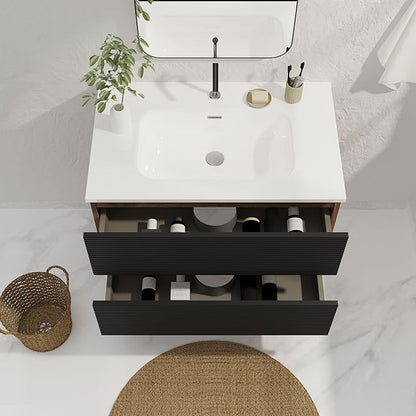 30'' Floating Bathroom Vanity with Sink Combo, Modern Bathroom Cabinet with 2-Soft Close & Large Storage Drawers, for Small Space, Apartment, Hotel, Black and Walnut