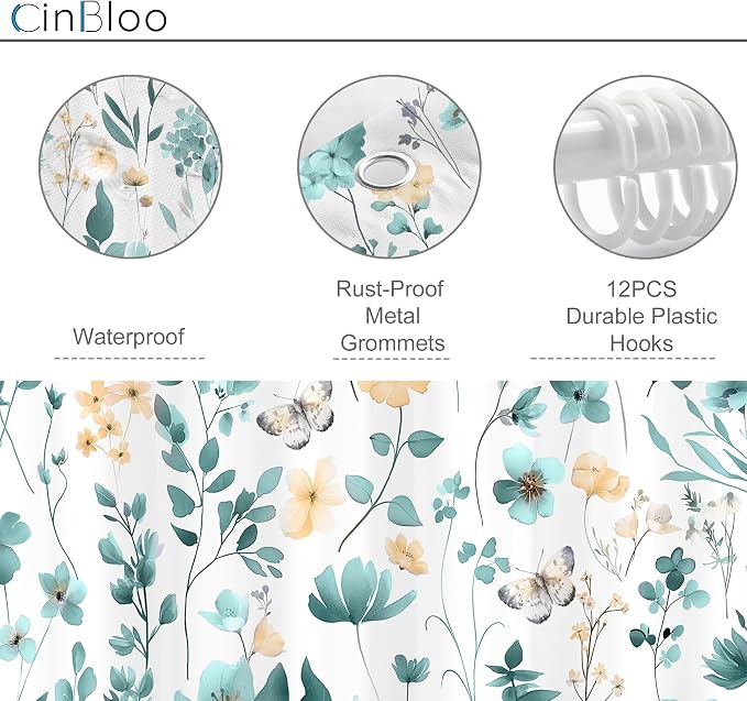 Cute Floral Teal Flower Wildflower Rustic Women Bathroom Shower Curtain Set | 72"W x 72"H Plants Leaves; waterproof HD print, quick-dry fabric and plastic hooks for easy setup.