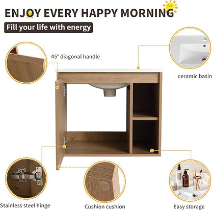 24 Inch Bathroom Vanity with Sink, Imitative Oak Modern Wall Mount Floating Vanity Set with Soft-Closing Door and Ceramic Basin, Contemporary Styling for Elegant Bathrooms