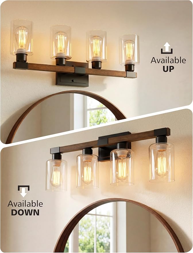 VOLISUN Farmhouse Bathroom Vanity Light Fixtures,4 Light,UL Certificated | 4 Light Bathroom Vanity Lights Over Mirror, Rustic Vanity Light for Bathrooms,Wood Bathrooms Lights Fixtures Over Mirror