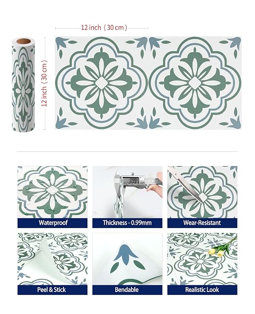 FunStick 12"x142" Green and White Peel and Stick Floor Tile Waterproof Boho Floral Vinyl Flooring Peel and Stick Tile Floor Tiles for Bathroom Kitchen Renter Friendly Stick on Linoleum Flooring Roll