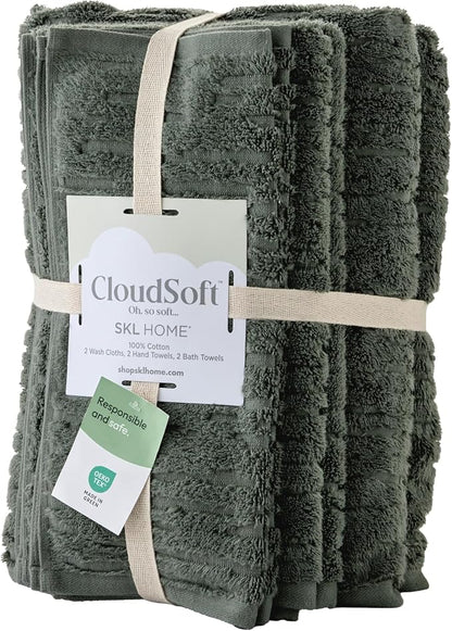 SKL Home CloudSoft Bath Towel Set, 6-Piece, 100% Cotton Luxury, Green Pine | 2 Bath towels, 2 hand towels, 2 washcloths. Premium spa-level quality. 600/520 GSM weight. Ultra plush & absorbent.