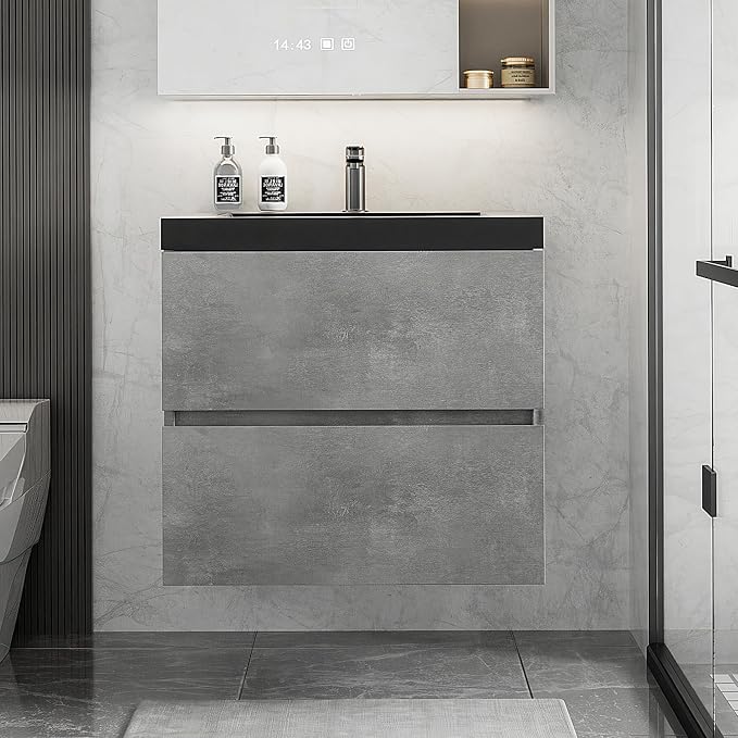 24 Inch Floating Bathroom Vanity with Sink, Modern Grey Wall Mounted Floating Vanity with Scratch-Resistant Quartz Sand Basin and Soft Closing Drawers, Pre Assembled Bathroom Vanity