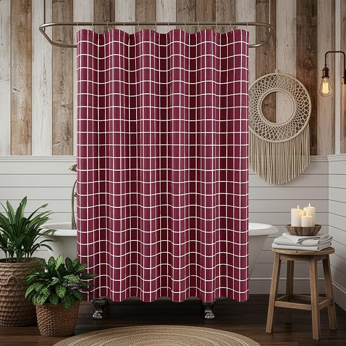 Fabric Farmhouse Shower Curtain-Cloth Extra Long Shower Curtains Bathroom | 72"Wx84"L Faux Linen Burgundy Grid Minimalist Simple Rustic Neutral Shower Curtain-Geometric Plaid Washable Hotel Quality