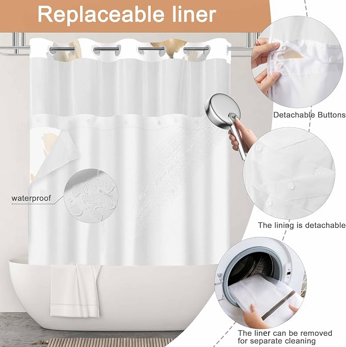 No Hook Shower Curtain and Liner Set, Orange Boho Floral 71x84 | Watercolor Boho Flower, with Snap in Liner, Waterproof, Machine Washable, Quick-Drying, for Hotel Bathroom