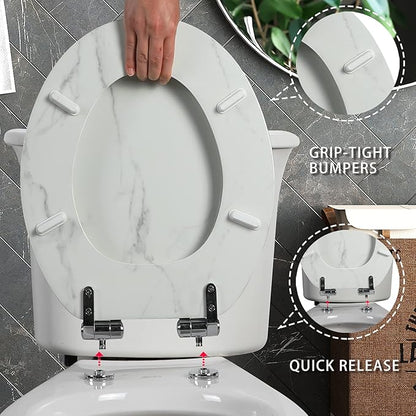 Angel Shield Marble Toilet Seat Durable Molded Wood with Quiet Close,Easy Clean，Quick-Release Hinges (Elongated,White Marble)
