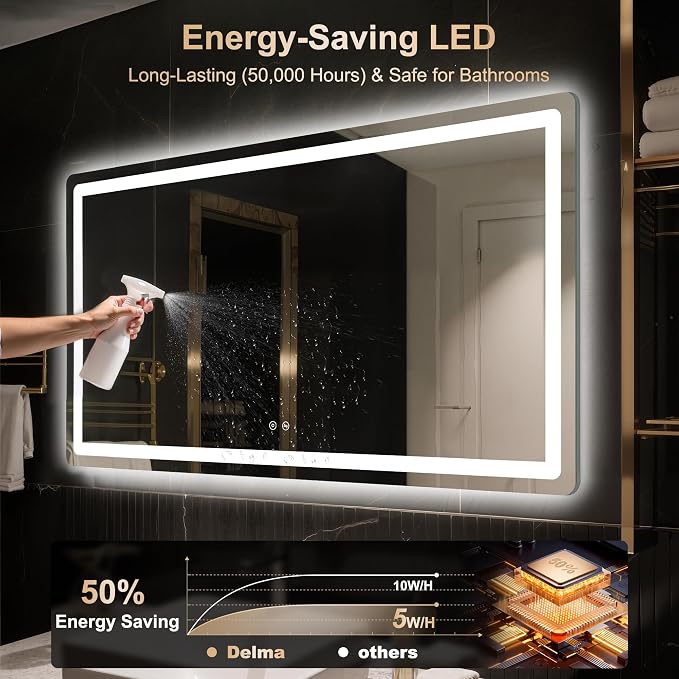 30x55 LED Bathroom Vanity Mirror with Lights, Anti-Fog, Dimmable | Front & Backlit with 3 Color Modes and Memory, 5mm Shatterproof Glass, Plug-in or Hardwired, Horizontal or Vertical