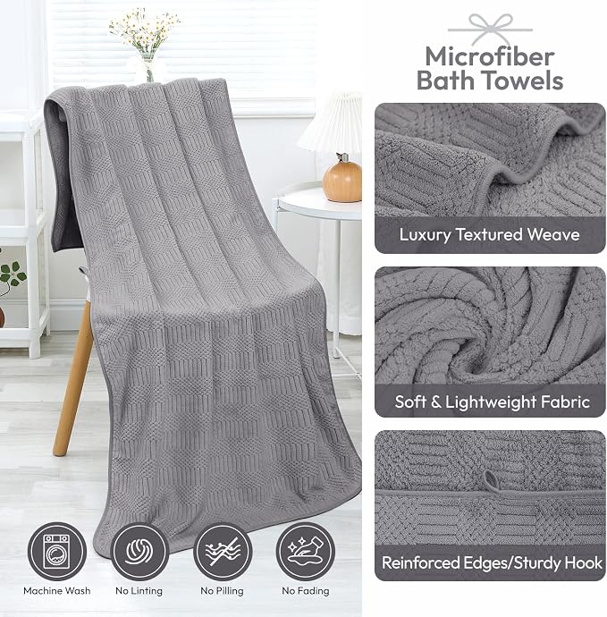 JML Microfiber Bath Towels, 2 Pack, 27x55 in, Gray | Soft, Super Absorbent, Quick Dry, Lint-Free, Lightweight Bathroom Towel with Hanging Loop for Daily Use