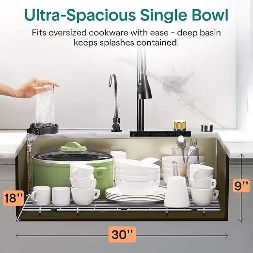 SereneLife Stainless Steel Kitchen Sink | Undermount & Drop-In Installation |13 Gauge & 30"L x 18"W x 9"H IN | Includes Faucet, Drain Rack, Strainer Basket, Cutting Board & Cup Washer | Gray