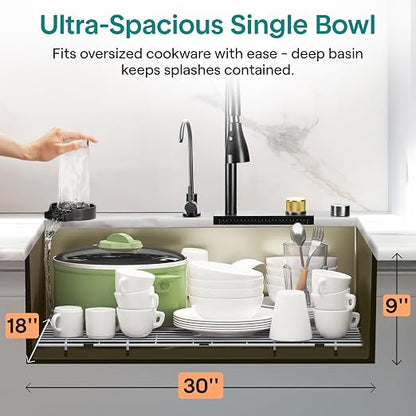SereneLife Stainless Steel Kitchen Sink | Undermount & Drop-In Installation |13 Gauge & 30"L x 18"W x 9"H IN | Includes Faucet, Drain Rack, Strainer Basket, Cutting Board & Cup Washer | Gray