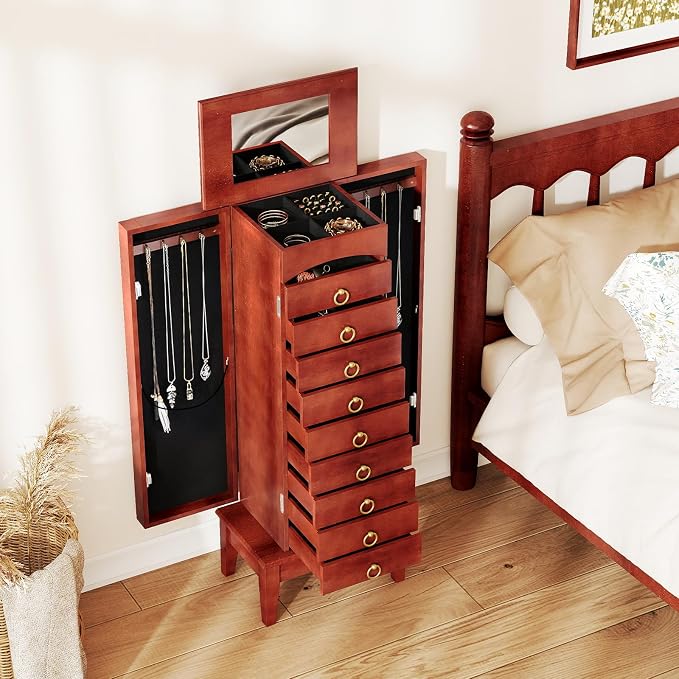 COSTWAY Standing Jewelry Cabinet, Wooden Jewelry Storage Chest with 9 Drawers, 2 Side Doors & Flip Top Mirror, Bedroom Jewelry Armoire with Top Divided Compartments