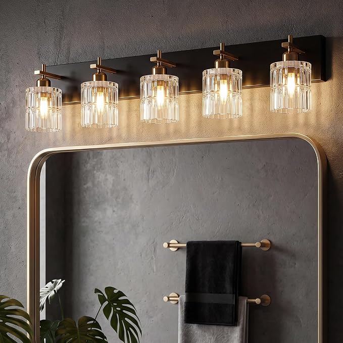 OCIOC 5-Light Black and Gold Bathroom Light Fixtures Over Mirror, Modern Brushed Gold Vanity Lights for Bathroom, Sconces Wall Lighting with Glass Shade for Mirror Bedroom Hallway