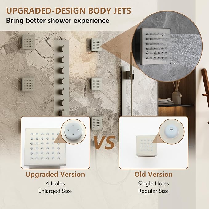 CASAINC 27x16 Inch Thermostatic Shower System Luxury 6 Functions Full Body Shower System with Sliding Rod 2 in 1 Handheld, LED & Music (Brushed Nickel)