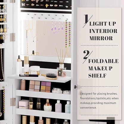 Vlsrka 47.2" LED Jewelry Cabinet, Wall Mounted Jewelry Mirror Organizer | Over the Door Hanging Jewelry Armoire Organizer, large Lockable Full Length Mirror with Jewelry Storage for Women, White