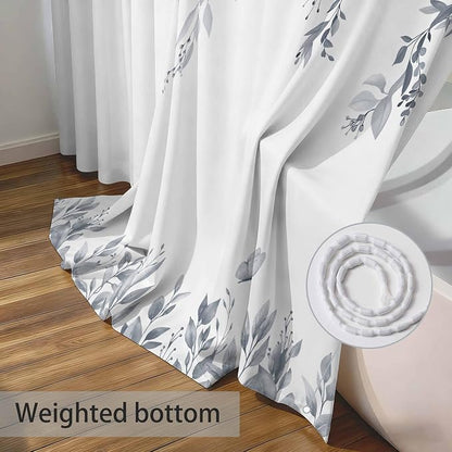 Light Grey Floral Eucalyptus Shower Curtain with Hooks, 72x72 Inch | Waterproof Fabric, Watercolor Leaves and Floral, Botanical Style, Machine Washable, Quick-Drying, for Hotel Bathroom
