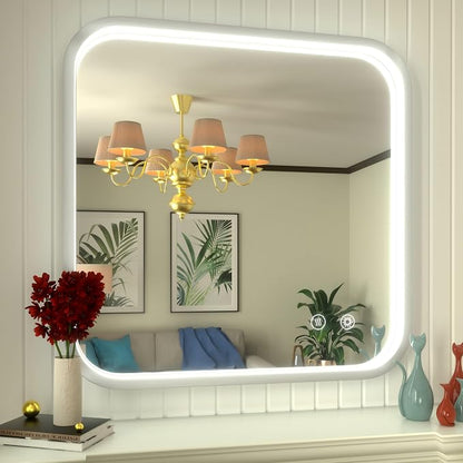 30"x30" Silver LED Bathroom Mirror with Lights,3000K/4500K/6000K | Stepless Dimmable, Anti-Fog, Memory Function, Wall Mounted Lighted Bathroom Vanity Mirror, ETL Listed, Aluminum Frame