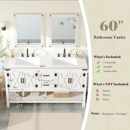 AMERLIFE 60” Farmhouse Bathroom Vanity with Double Sink, Freestanding Cabinet with 2 Drawers, 4 Barn Doors & Open Shelf, Rustic Storage for Master or Family Bathroom, Antique White